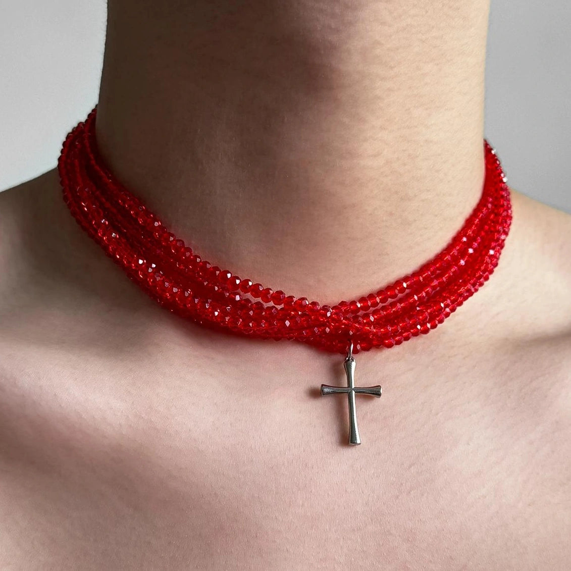 Accessories Red Beaded Cross Choker Multi Layer Statement Necklace