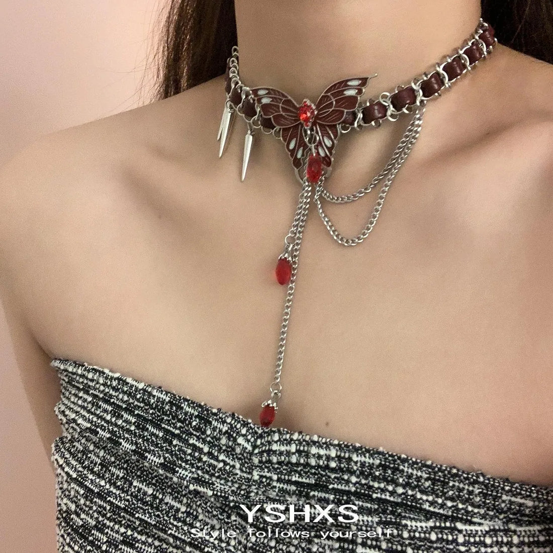 Accessories Red Butterfly Studded Chain Leather Choker