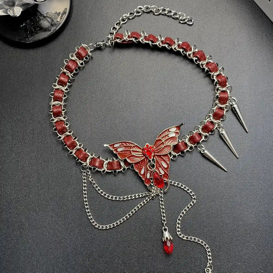 Accessories Red Butterfly Studded Chain Leather Choker