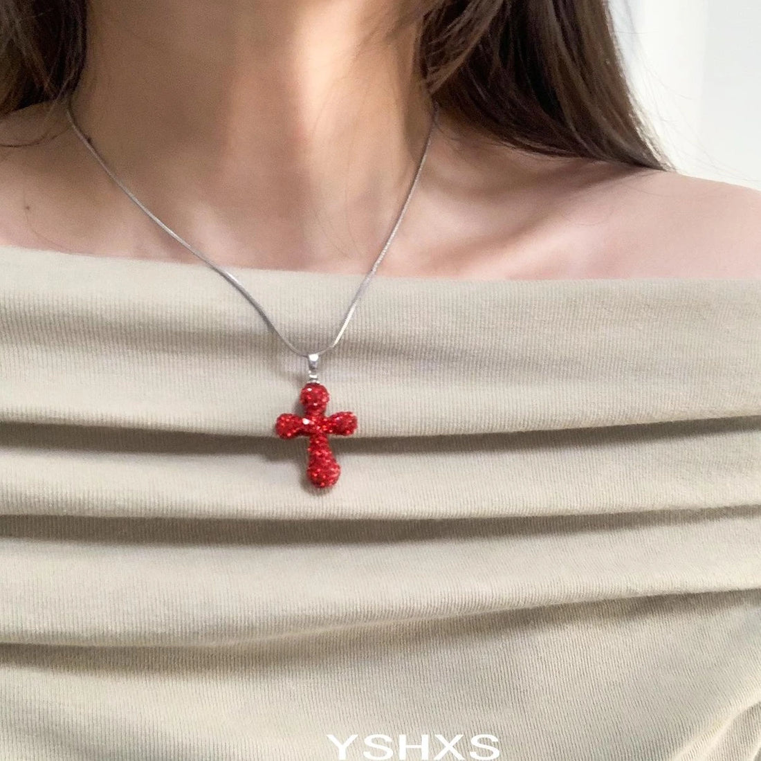 Accessories Red Cross Pendant Crystal Choker Necklace