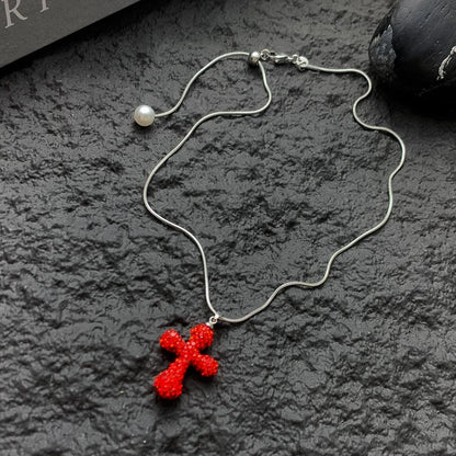 Accessories Red Cross Pendant Crystal Choker Necklace