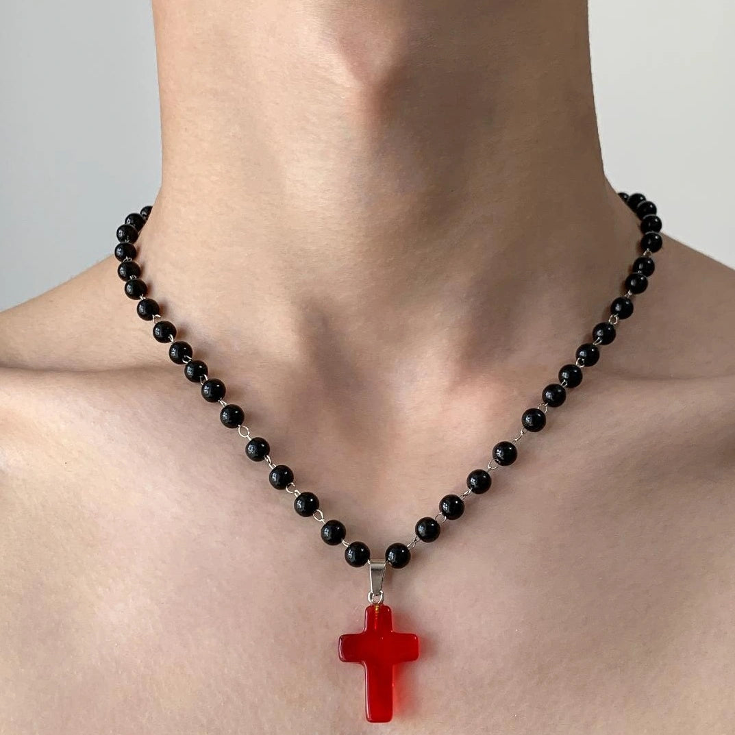 Accessories Red Crystal Cross Beaded Choker Necklace