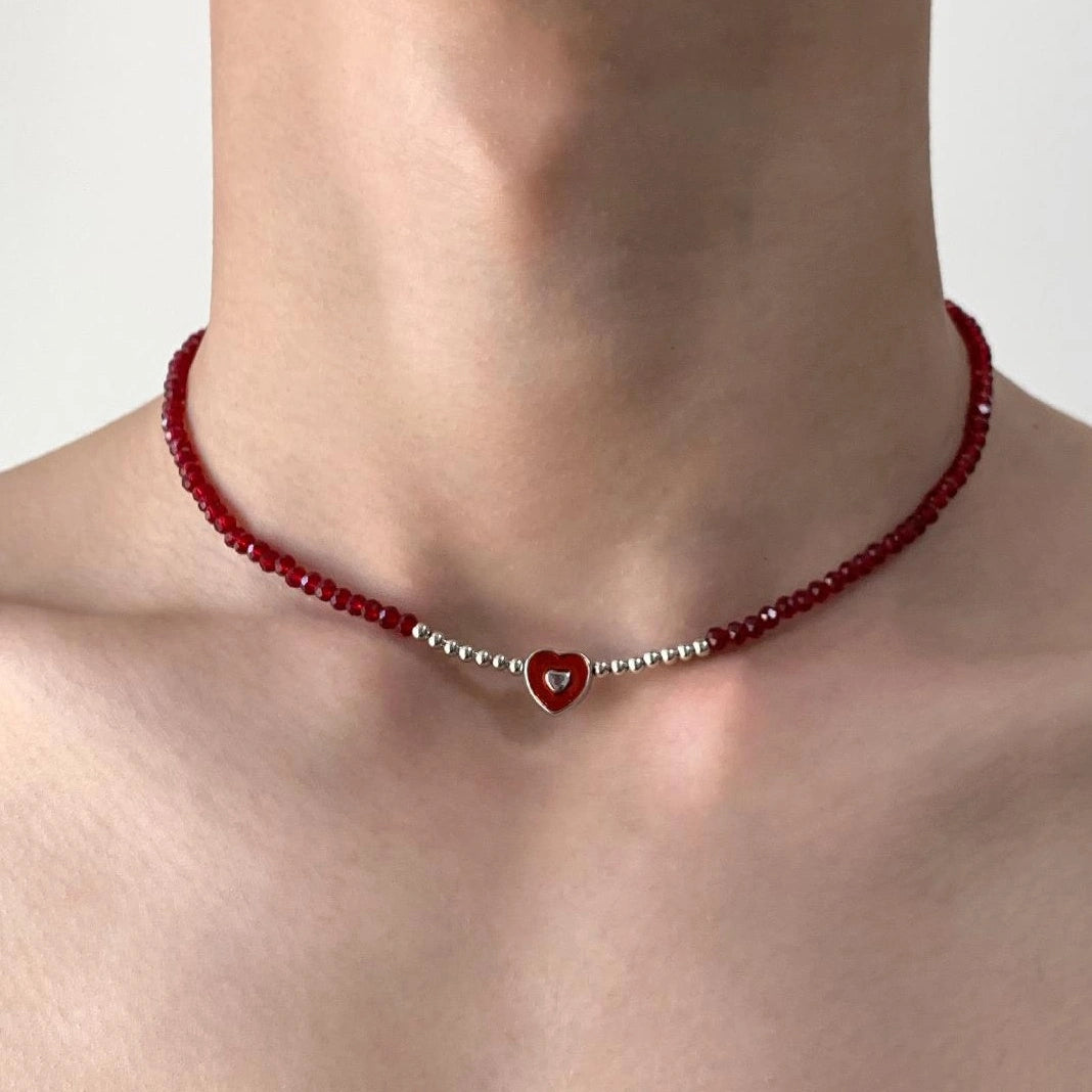 Accessories Red Crystal Heart Beaded Chain Necklace