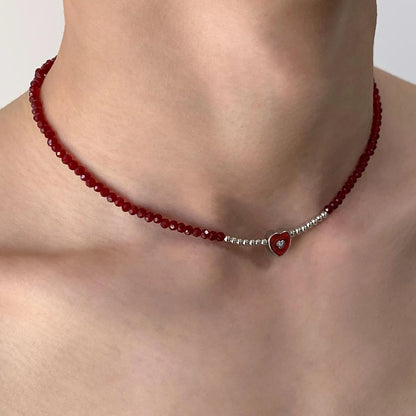 Accessories Red Crystal Heart Beaded Chain Necklace