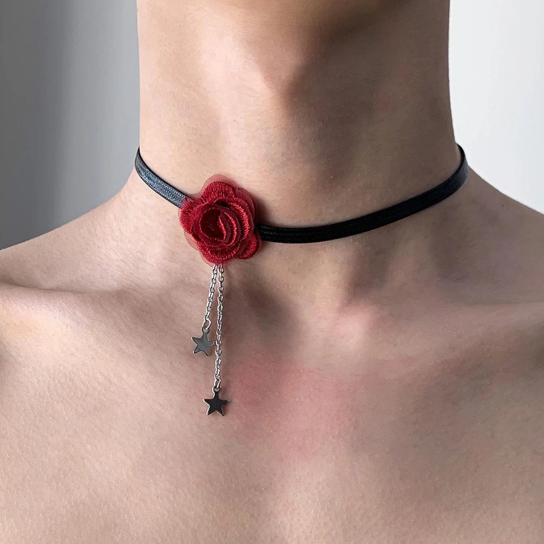 Accessories Red Flower Choker With Black Tassel