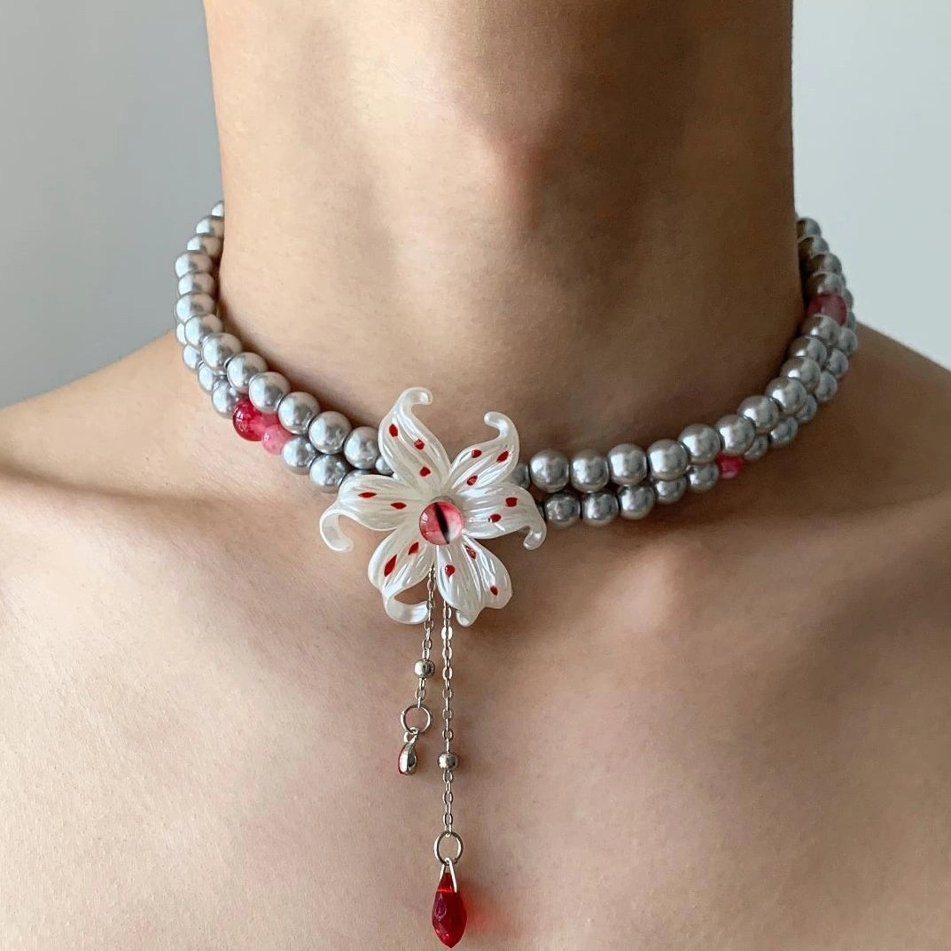 Accessories Red Flower Fringe Pearl Choker Necklace