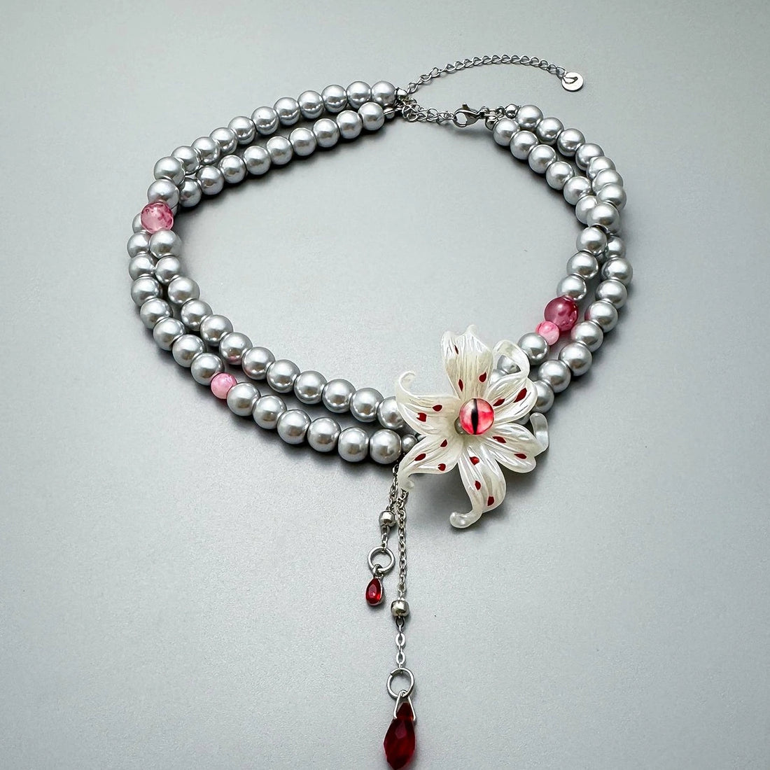Accessories Red Flower Fringe Pearl Choker Necklace