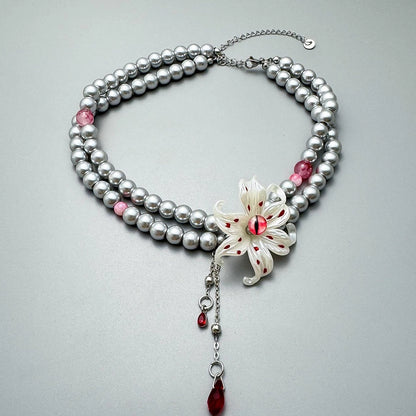 Accessories Red Flower Fringe Pearl Choker Necklace