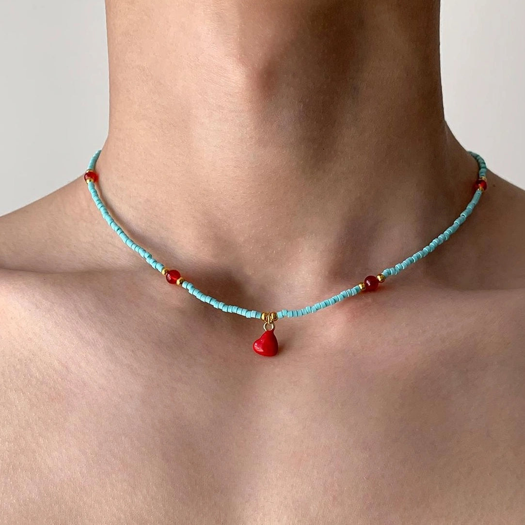 Accessories Red Heart Beaded Choker Necklace