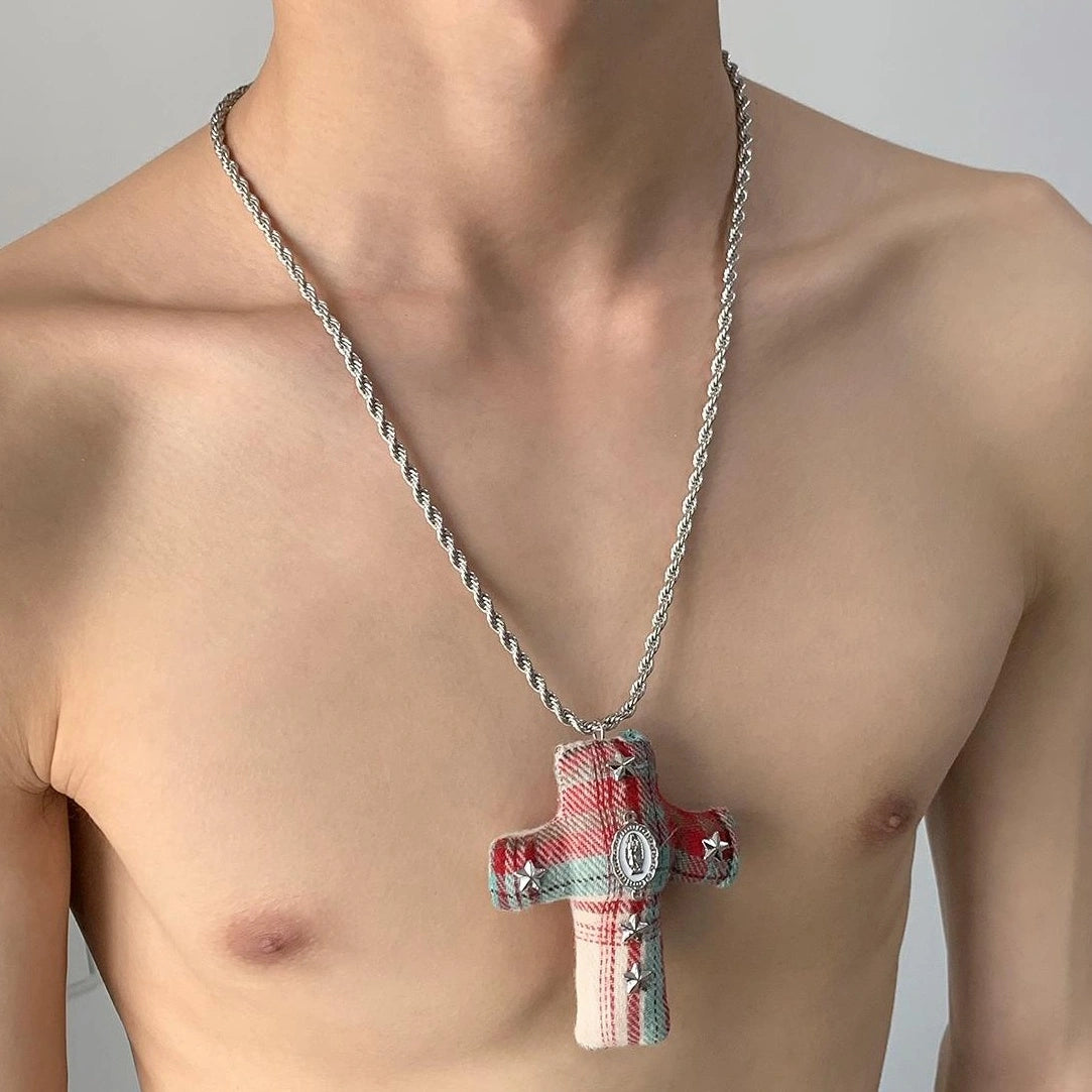Accessories Red Plaid Cross Patchwork Long Pendant Necklace