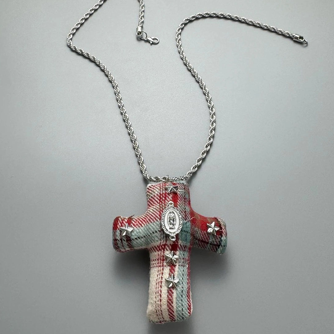 Accessories Red Plaid Cross Patchwork Long Pendant Necklace