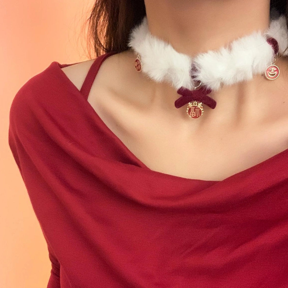 Accessories Red Velvet Bow Choker With Embroidered Luck Charm