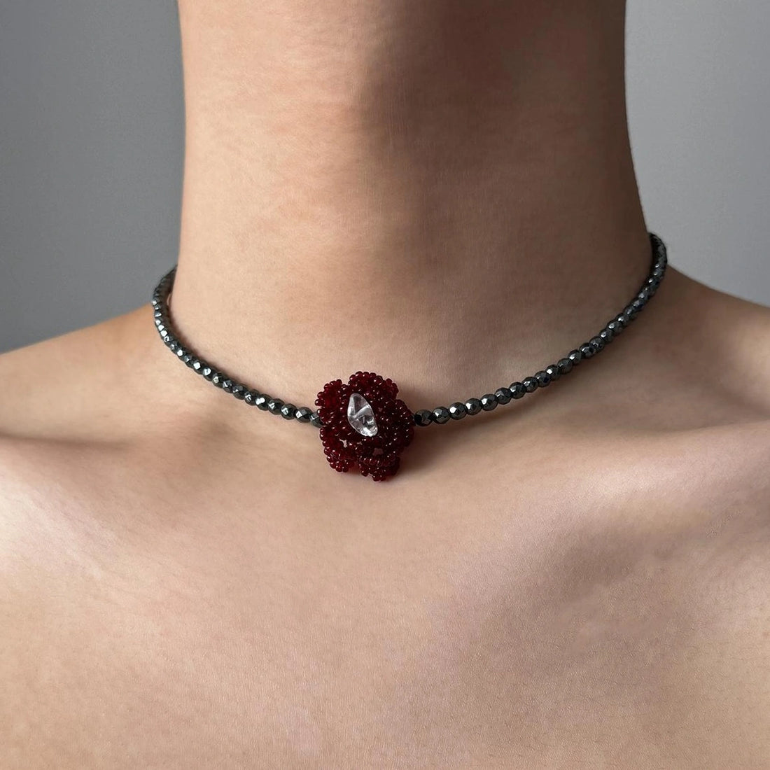 Accessories Red Woven Beaded Flower Black Onyx Choker Necklace