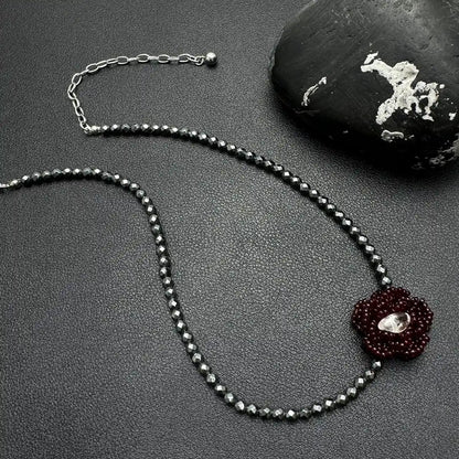 Accessories Red Woven Beaded Flower Black Onyx Choker Necklace