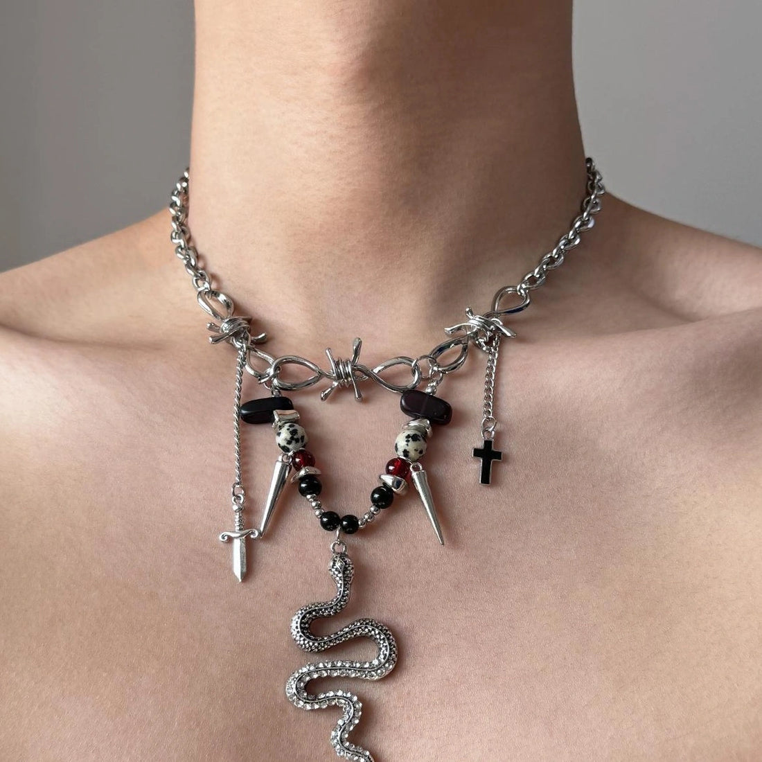 Accessories Retro Punk Snake Chain Fringe Beaded Drop Necklace