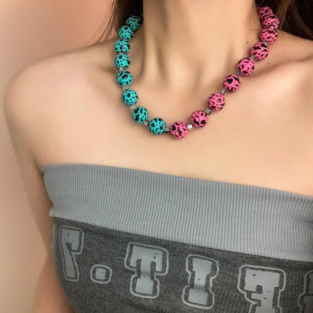 Accessories Rubber Bead Leopard Print Statement Necklace