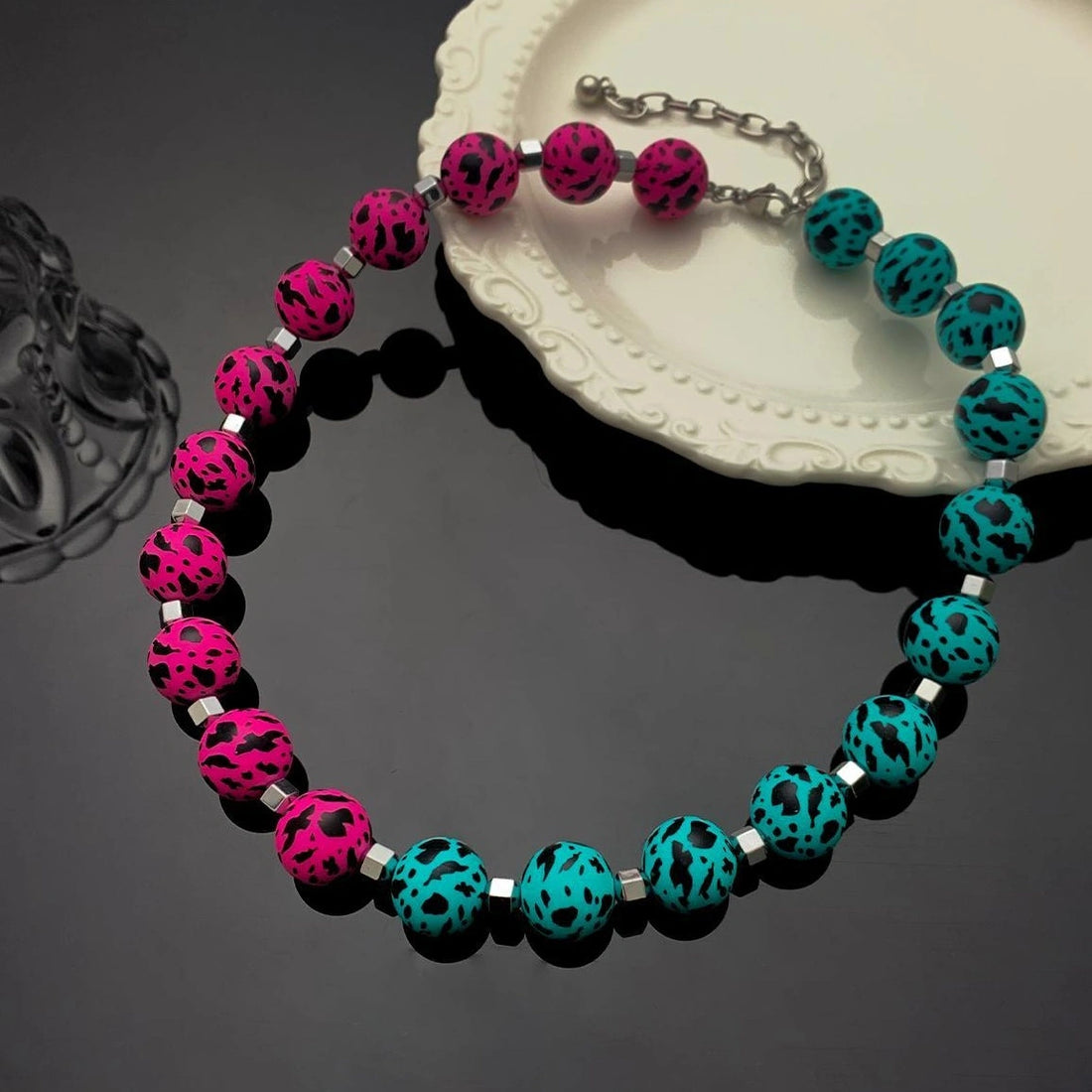 Accessories Rubber Bead Leopard Print Statement Necklace