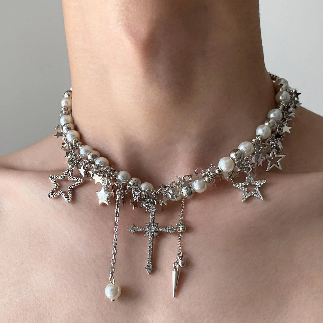 Accessories Silver Star Cross Tassel Layering Necklace