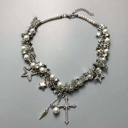 Accessories Silver Star Cross Tassel Layering Necklace