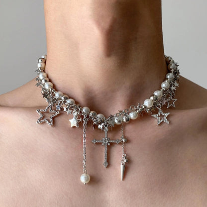 Accessories Silver Star Cross Tassel Layering Necklace