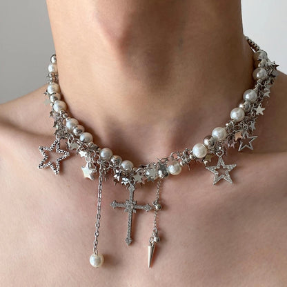 Accessories Silver Star Cross Tassel Layering Necklace