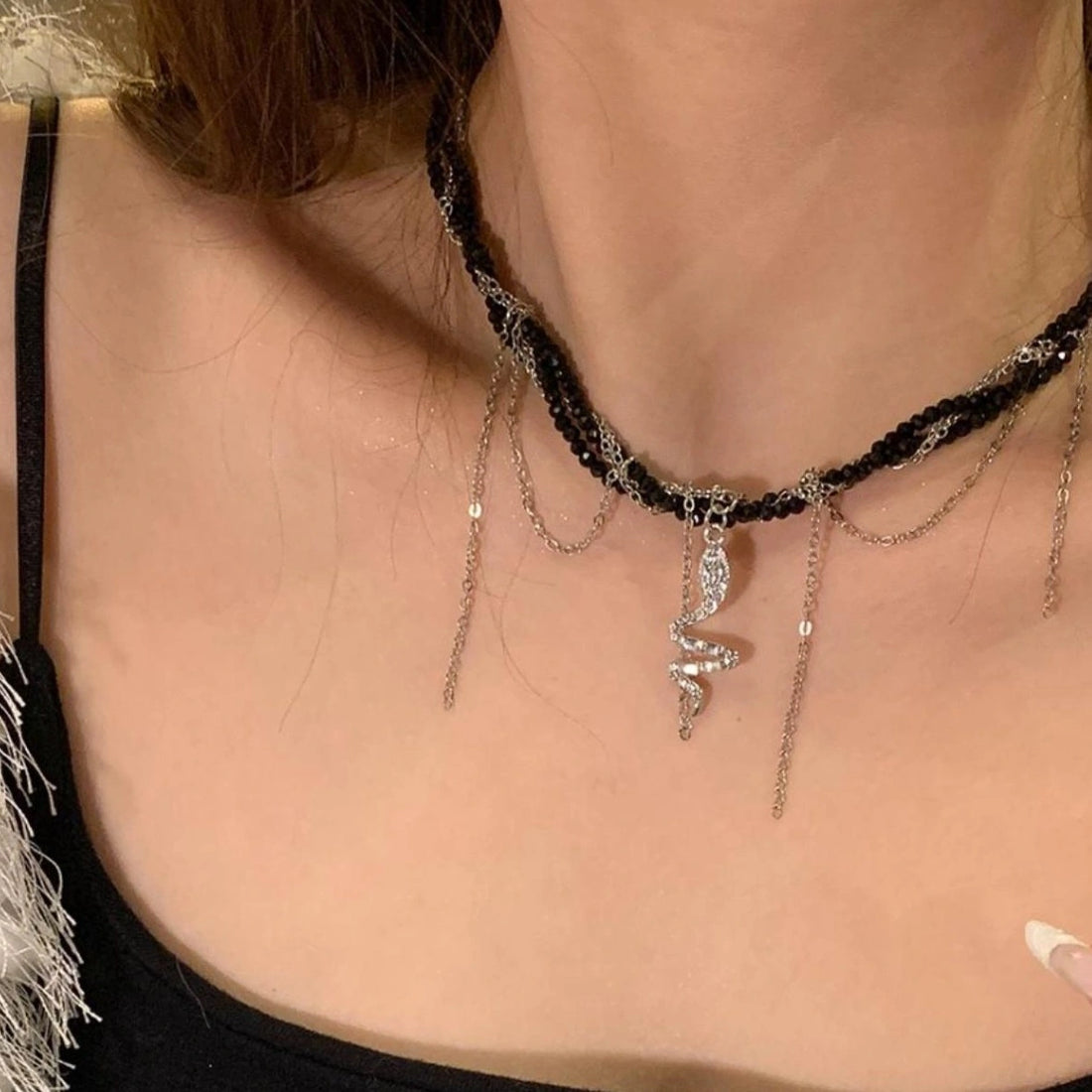Accessories Snake Chain Fringe Crystal Choker Necklace