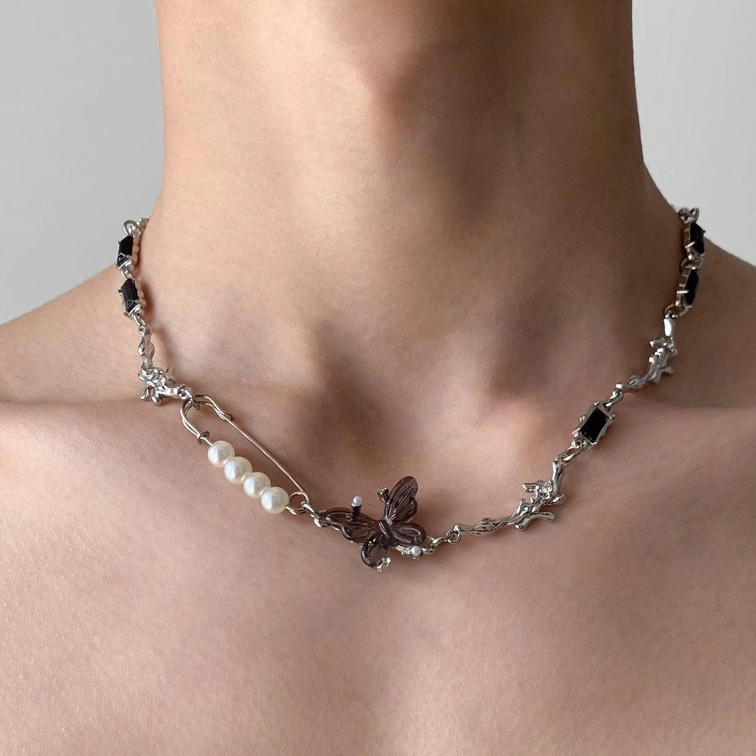 Accessories Textured Butterfly Pearl Pin Necklace