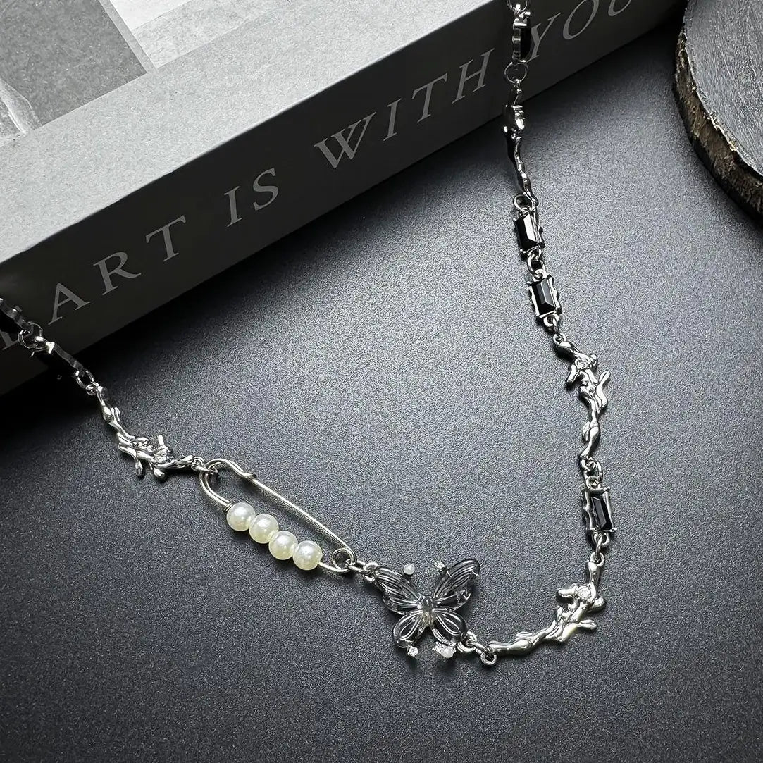 Accessories Textured Butterfly Pearl Pin Necklace