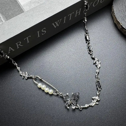Accessories Textured Butterfly Pearl Pin Necklace
