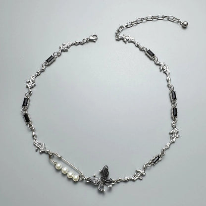 Accessories Textured Butterfly Pearl Pin Necklace