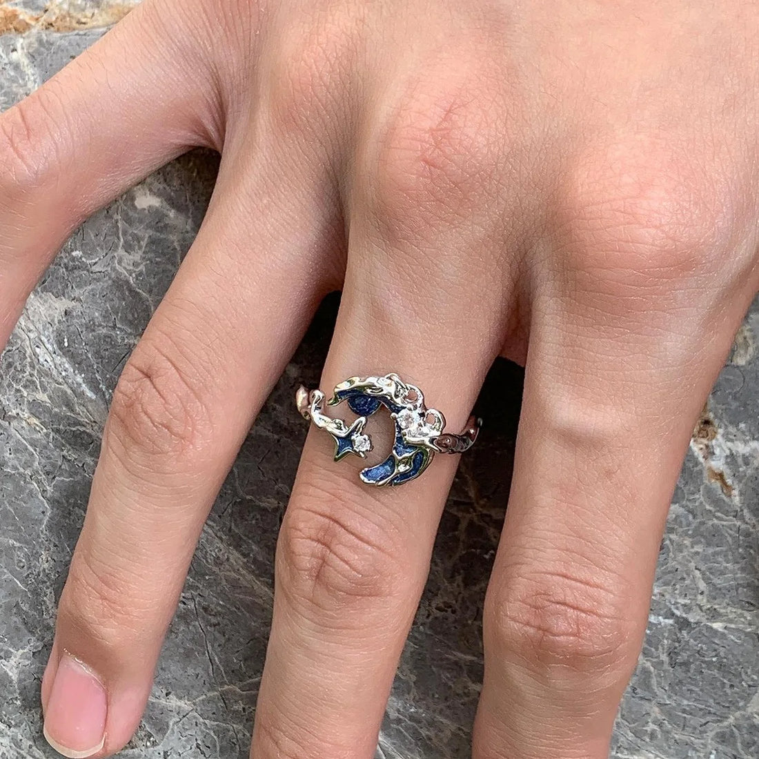 Accessories Textured Enamel Moon Adjustable Ring