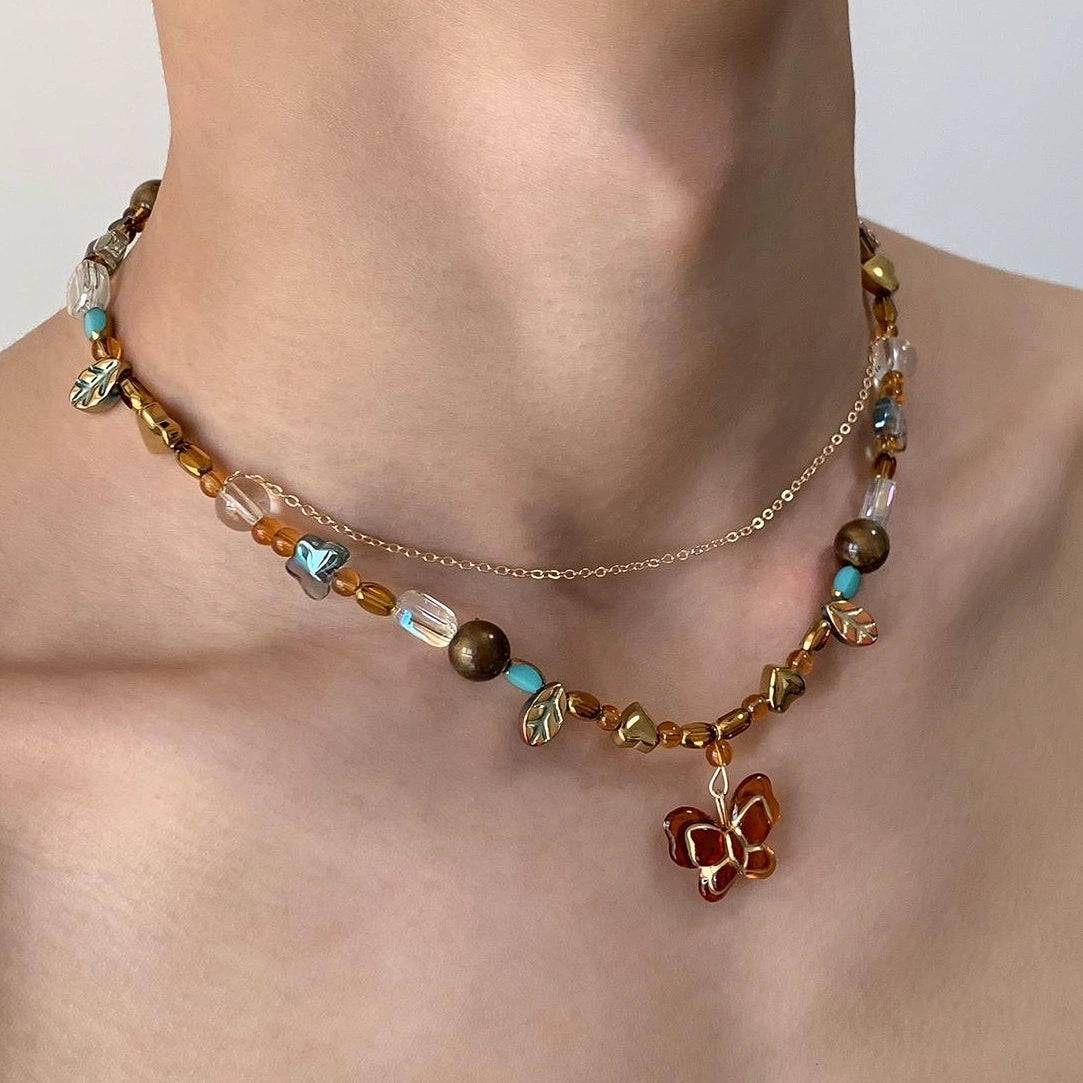 Accessories Vintage Beaded Butterfly Pendant Double Layer Choker