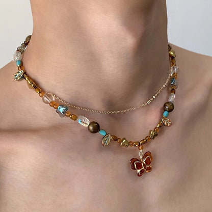 Accessories Vintage Beaded Butterfly Pendant Double Layer Choker