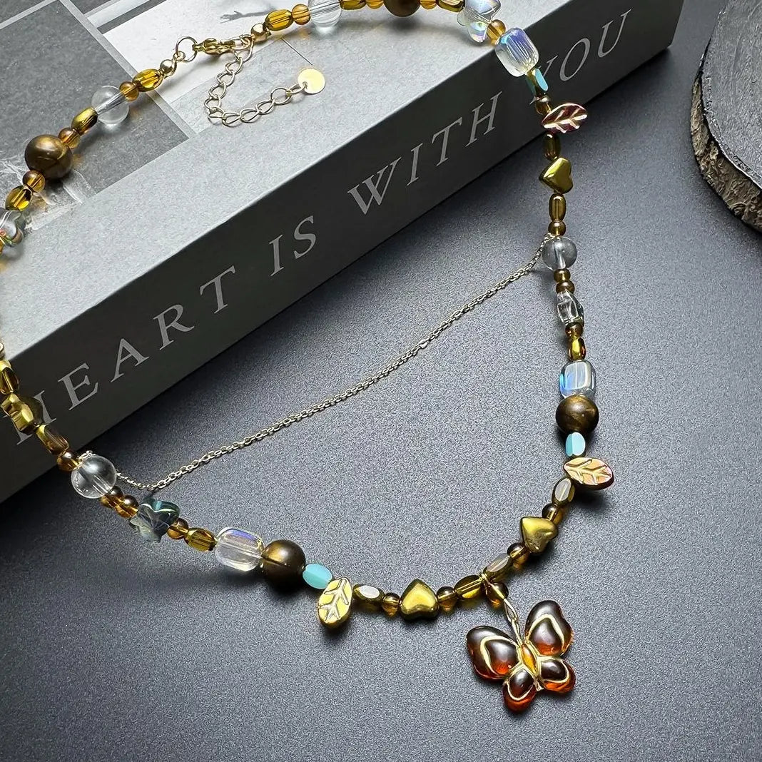 Accessories Vintage Beaded Butterfly Pendant Double Layer Choker