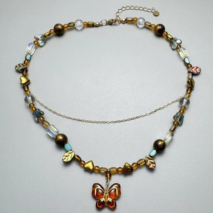 Accessories Vintage Beaded Butterfly Pendant Double Layer Choker