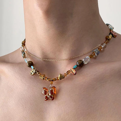 Accessories Vintage Beaded Butterfly Pendant Double Layer Choker
