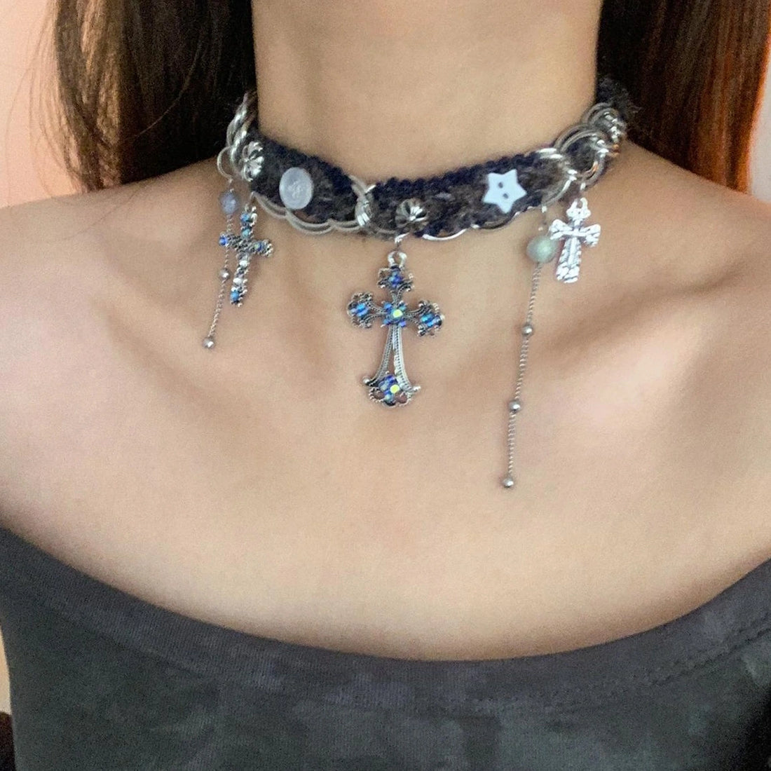 Accessories Vintage Blue Cross Choker Necklace