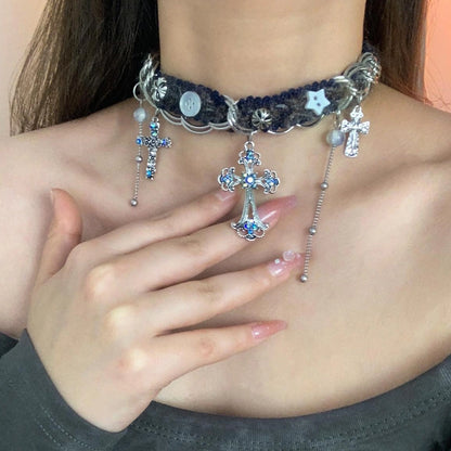 Accessories Vintage Blue Cross Choker Necklace