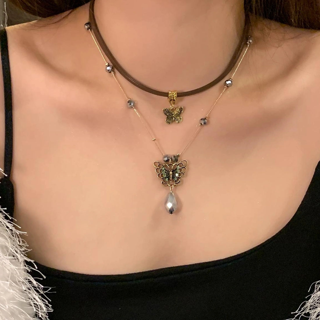 Accessories Vintage Butterfly Pendant Leather Choker Necklace