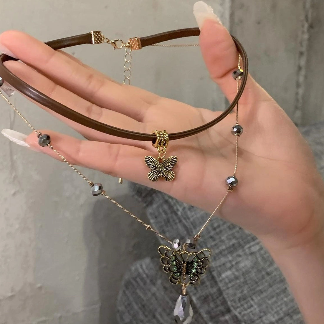 Accessories Vintage Butterfly Pendant Leather Choker Necklace