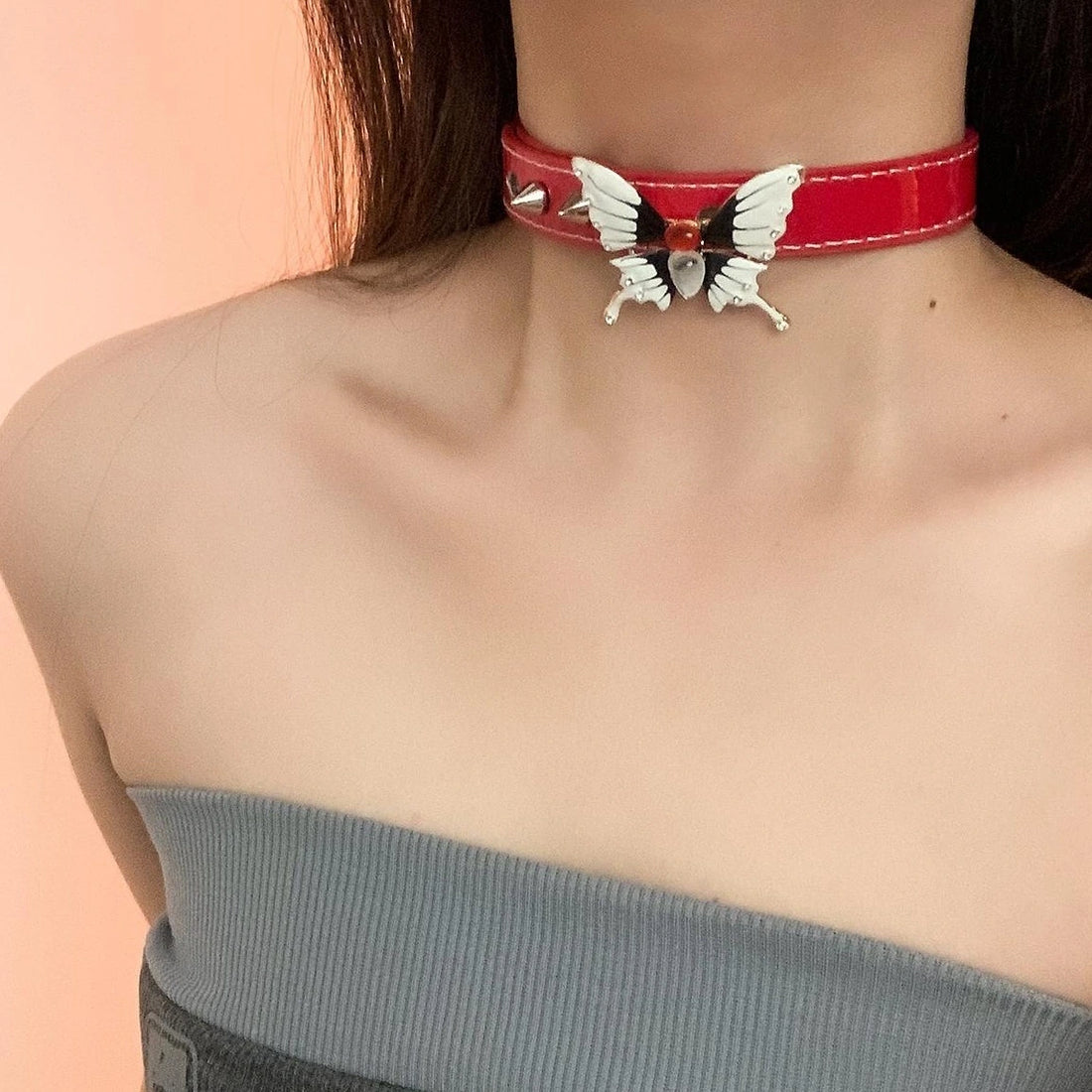 Accessories Vintage Butterfly Rivet Red Leather Gothic Choker