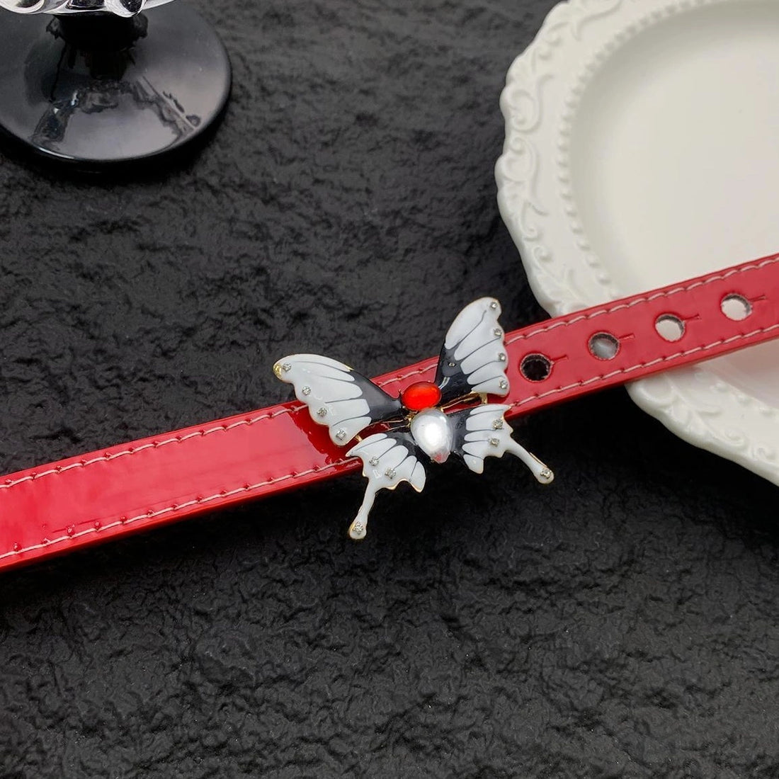 Accessories Vintage Butterfly Rivet Red Leather Gothic Choker