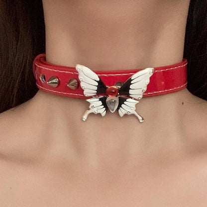 Accessories Vintage Butterfly Rivet Red Leather Gothic Choker