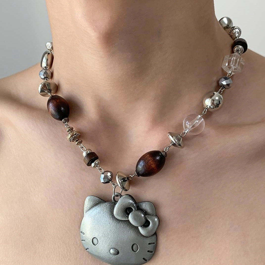 Accessories Vintage Cat Pendant Beaded Charm Necklace