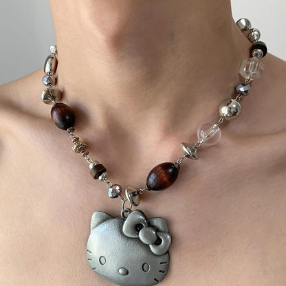Accessories Vintage Cat Pendant Beaded Charm Necklace