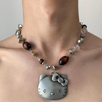 Accessories Vintage Cat Pendant Beaded Charm Necklace