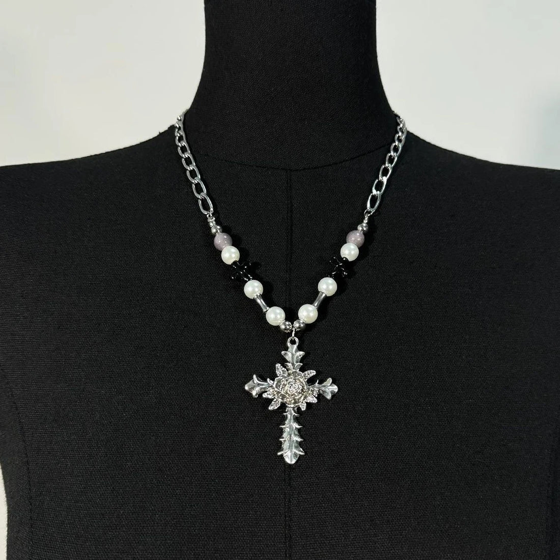 Accessories Vintage Cross Pearl Accent Choker Necklace