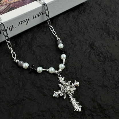 Accessories Vintage Cross Pearl Accent Choker Necklace