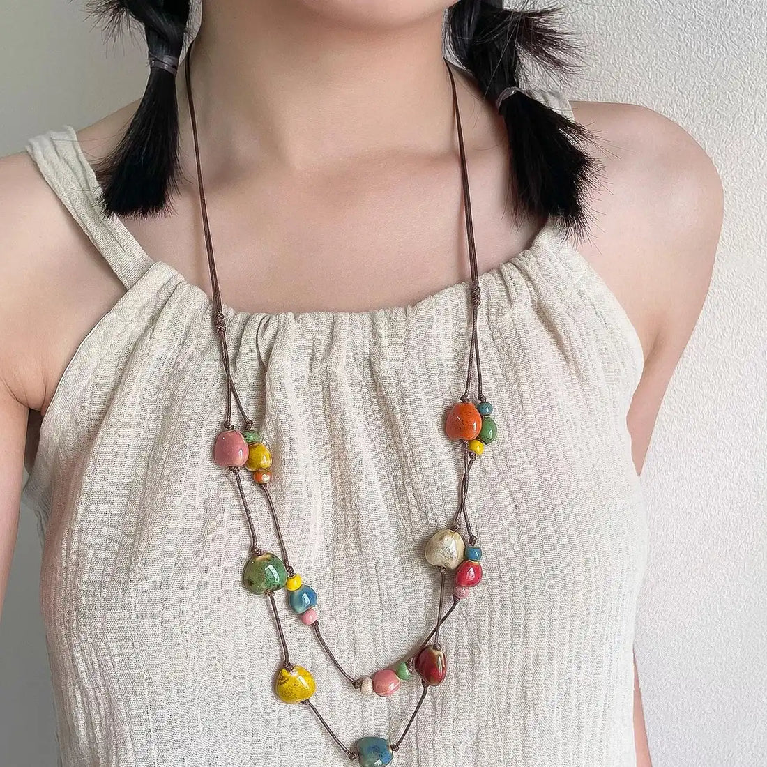 Accessories Vintage Ethnic Multicolor Ceramic Bead Choker Necklace