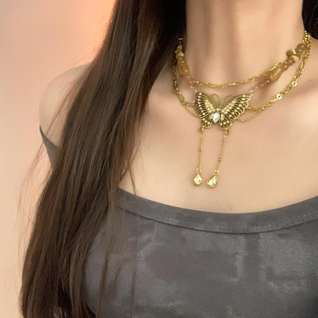 Accessories Vintage Golden Butterfly Tassel Necklace